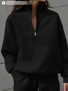 SHEIN EZwear 女士休闲百搭纯色圆领运动衫，适合毕业、教师、返校秋季穿着 - 黑色 - 查看 1
