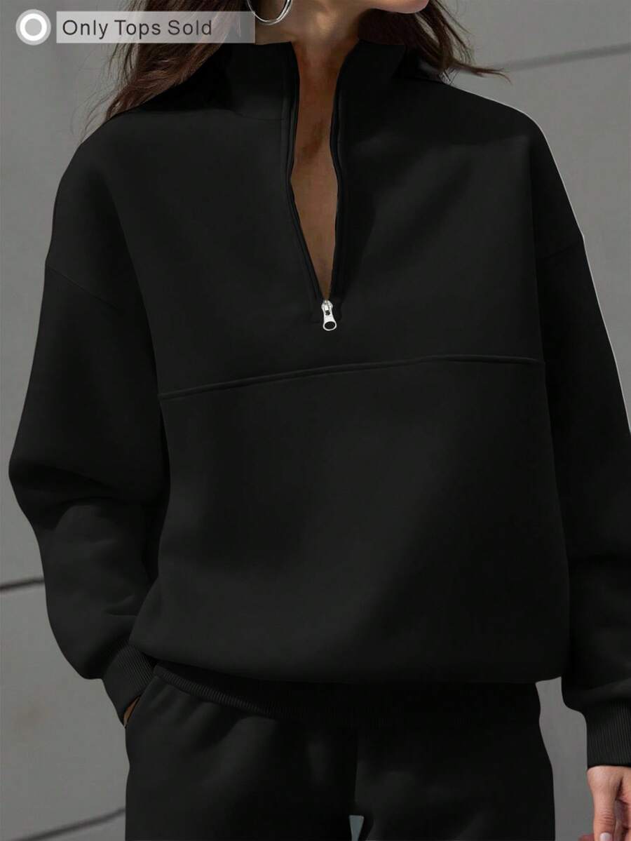 SHEIN EZwear 女士休闲百搭纯色圆领运动衫，适合毕业、教师、返校秋季穿着 - 黑色 - 查看 1