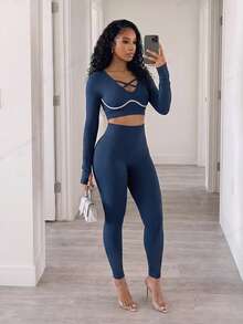 BamGleam Women's Cross Design Long Sleeve Cropped T-Shirt And Leggings Sports Set - Navy Blue - View 1