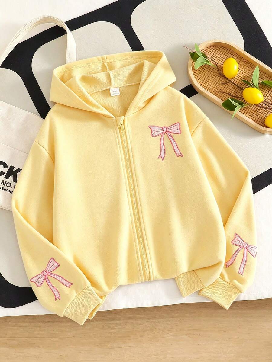 少女可愛蝴蝶刺繡拉鍊連帽長袖外套,返校秋季款 - 黃色 - 查看 1