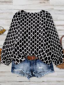 Linhara Women's Plus Size Simple Round Neck Allover Print Raglan Sleeve Top Western Summer Women Boho Fall - Black and White - View 2