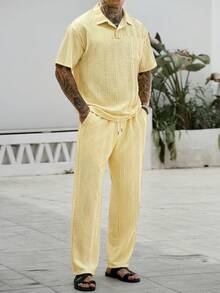 Manfinity CasualCool 男士 Polo 衫與長褲成熟休閒時尚套裝 - 黃色 - 查看 6