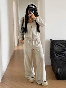 StreetHx Autumn/Winter Minimalist Casual Grey & Leopard Print Loose Hooded Open Front Sweatshirt & Loose Straight Leg Pants Women 2 Pieces Set - Light Grey - View 4