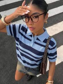 Muchica 休閒極簡藍色與棕色拼接條紋 Polo 領女款短袖針織上衣，春季度假女款外出上衣，可愛學院風短袖條紋上衣 - 彩色 - 查看 1