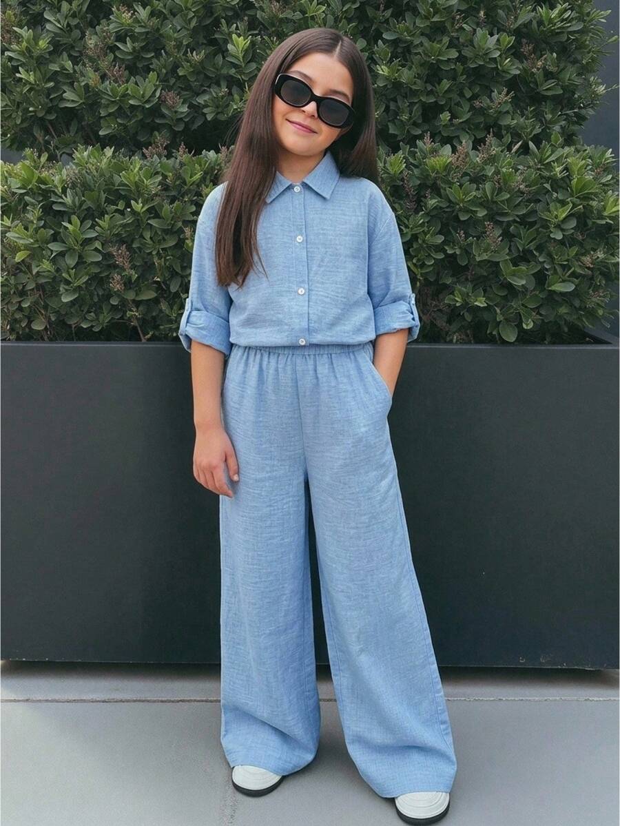 SHEIN 少女休閒日常襯衫與長褲套裝 - 杏色 - 查看 1