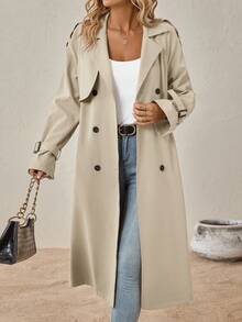 SHEIN Clasi Abrigo Trench con Manga Raglán, Doble Botonadura y Cinturón para Otoño/Invierno - Albaricoque - Ver 7