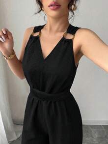 Elenzga 女款優雅藍色V領無袖連身褲，圓形裝飾鈕扣、蝴蝶結設計、修身剪裁，適合春夏季 - 黑色 - 查看 3