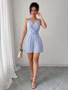 Elenzga Women's Spring/Summer Exquisite Elegant Commuter Blue And White Striped V-Neck Small Circle Decorative Buckle Bow Tie Design Sleeveless Fitted Slim Versatile Jumpsuit - Blue - View 1