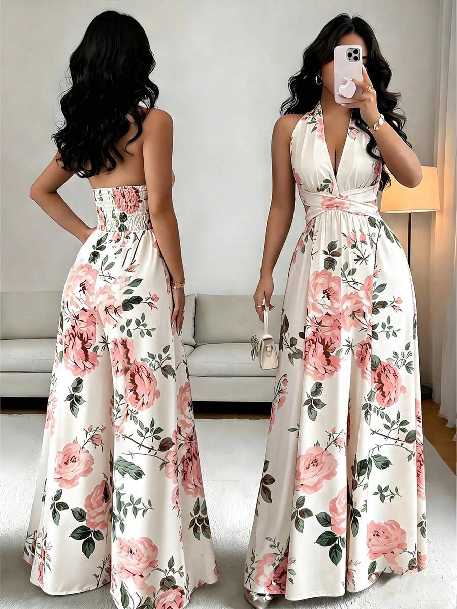Rafferiza 女款優雅極簡連身褲、女款花卉印花度假連身褲、女款優雅印花連身褲、女款掛脖露背連身褲、女款沙灘連身褲、女款優雅寬腿連身褲、腰部鏤空設計掛脖無袖連身褲、夏季服飾、夏季女裝 - 彩色 - 查看 1