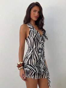 Aloruh Women's Sexy Zebra Print Ruffle Backless Halter Mini Dress, Summer - Black and White - View 5