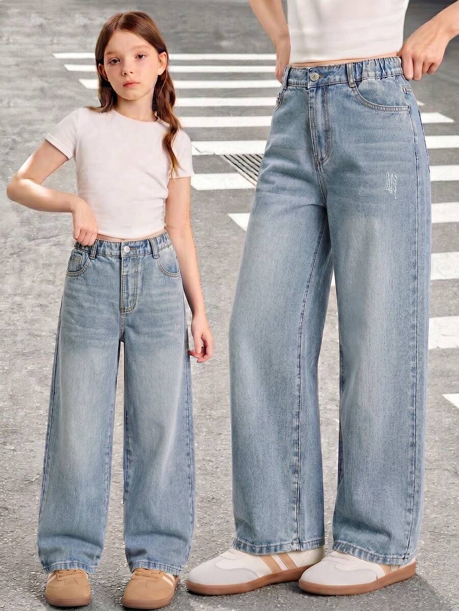 Tween Girls 2026 Summer Washed Blue Loose Straight Denim Pants High Waist Elastic Casual School Style Versatile Long Snug Fit Student Uniform Daily - Light Wash - View 1