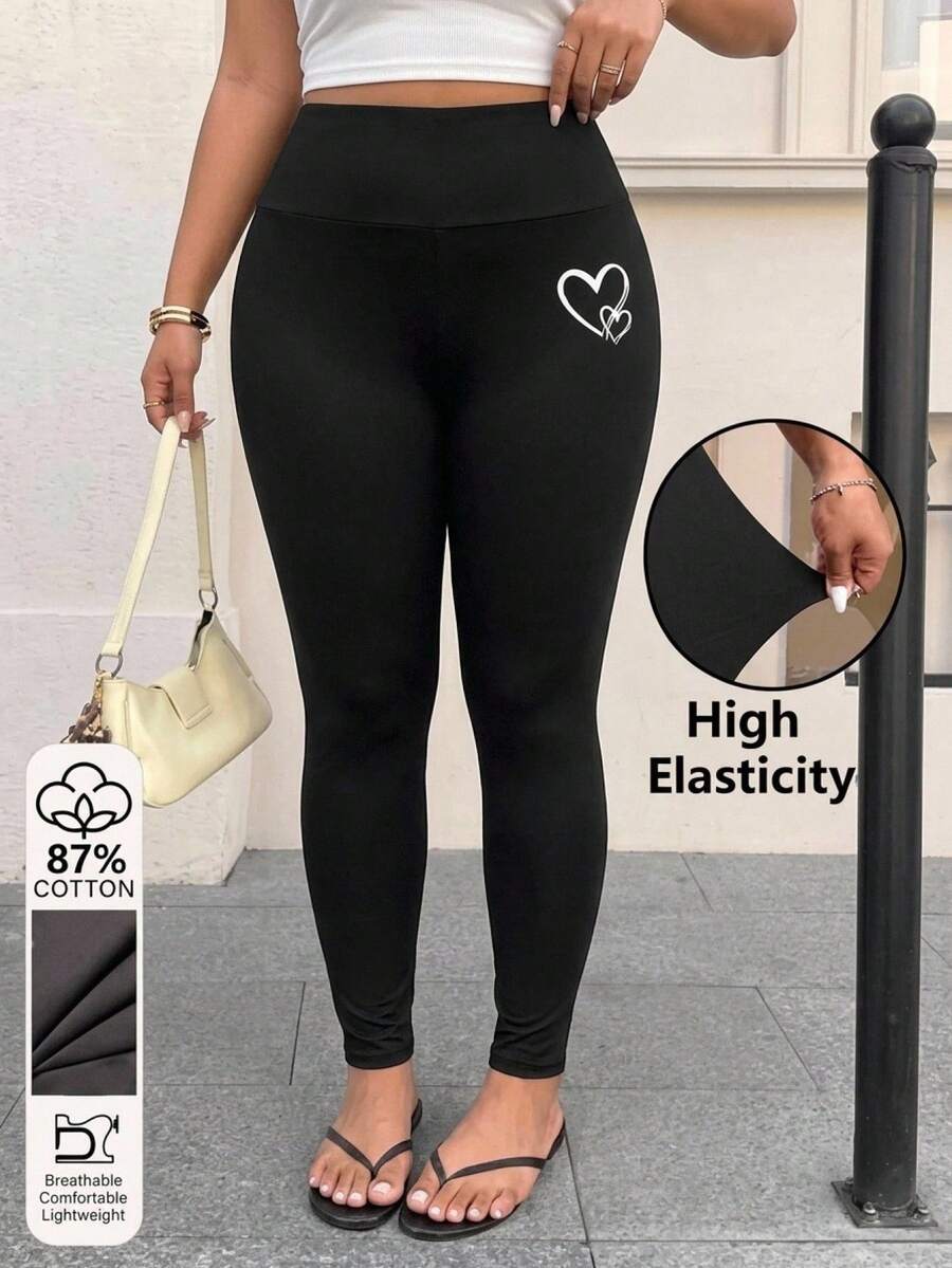 SHEIN CURVE+ 大尺碼女款休閒純色內搭褲,百搭極簡風,適合工作/辦公室/健身房,秋冬保暖內搭褲 - 黑色 - 查看 1