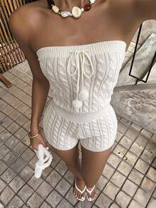 Soleia Women's Solid Color Casual Daily Strapless Romper - Beige - View 3