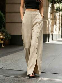 SHEIN Pantalones casuales de vacaciones con botones delanteros de unicolor - Caqui - Ver 4