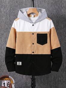 SHEIN 大童男孩休閒拼色拼接連帽襯衫，附口袋，適合秋冬春季，適合戶外玩耍、上學、街頭穿搭、派對與居家休閒，高 CP 值 - 卡其色 - 查看 2