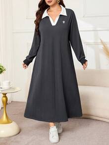 Lacomfia Plus Size Women's Colorblock Collared Long Sleeve Casual Sweatshirt Dress - Grey - View 3
