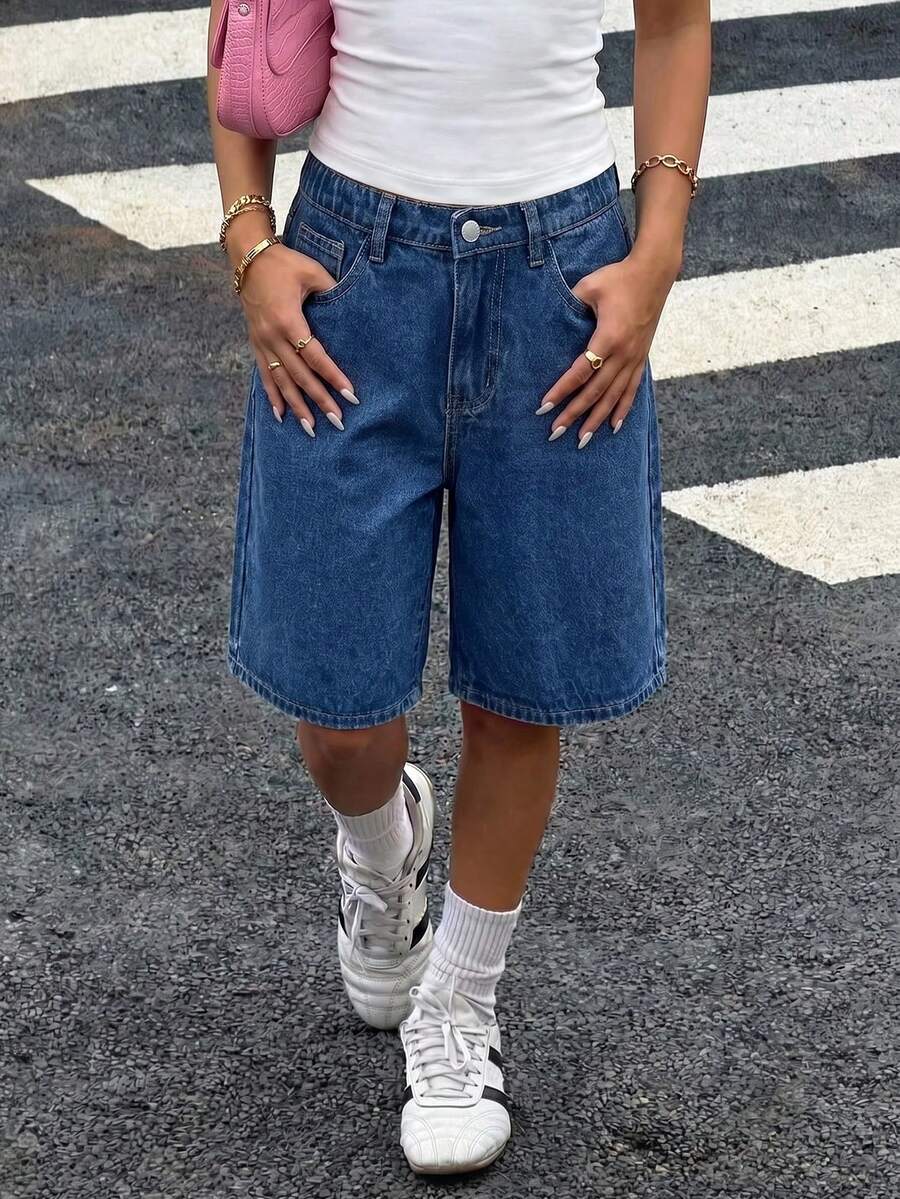 Teen Girl Loose Fit Bermuda Denim Shorts With Pockets - Dark Wash - View 1