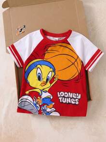 LOONEY TUNES X SHEIN 小男孩圓領字母卡通印花休閒百搭日常出遊短袖T恤 - 紅色 - 查看 3