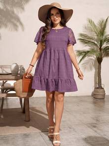 SHEIN LUNE 大尺碼女款圓領荷葉邊短袖休閒洋裝 - 淺灰紫 - 查看 5