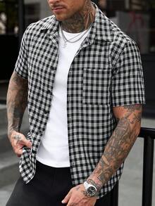 Manfinity CasualCool 男士格紋單排扣休閒通勤短袖襯衫 - 黑與白 - 查看 6