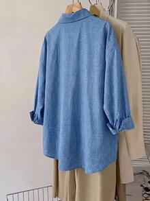 SHEIN CURVE+ 大尺碼女款落肩長袖單排扣休閒寬鬆襯衫 秋季 - 藍色 - 查看 4