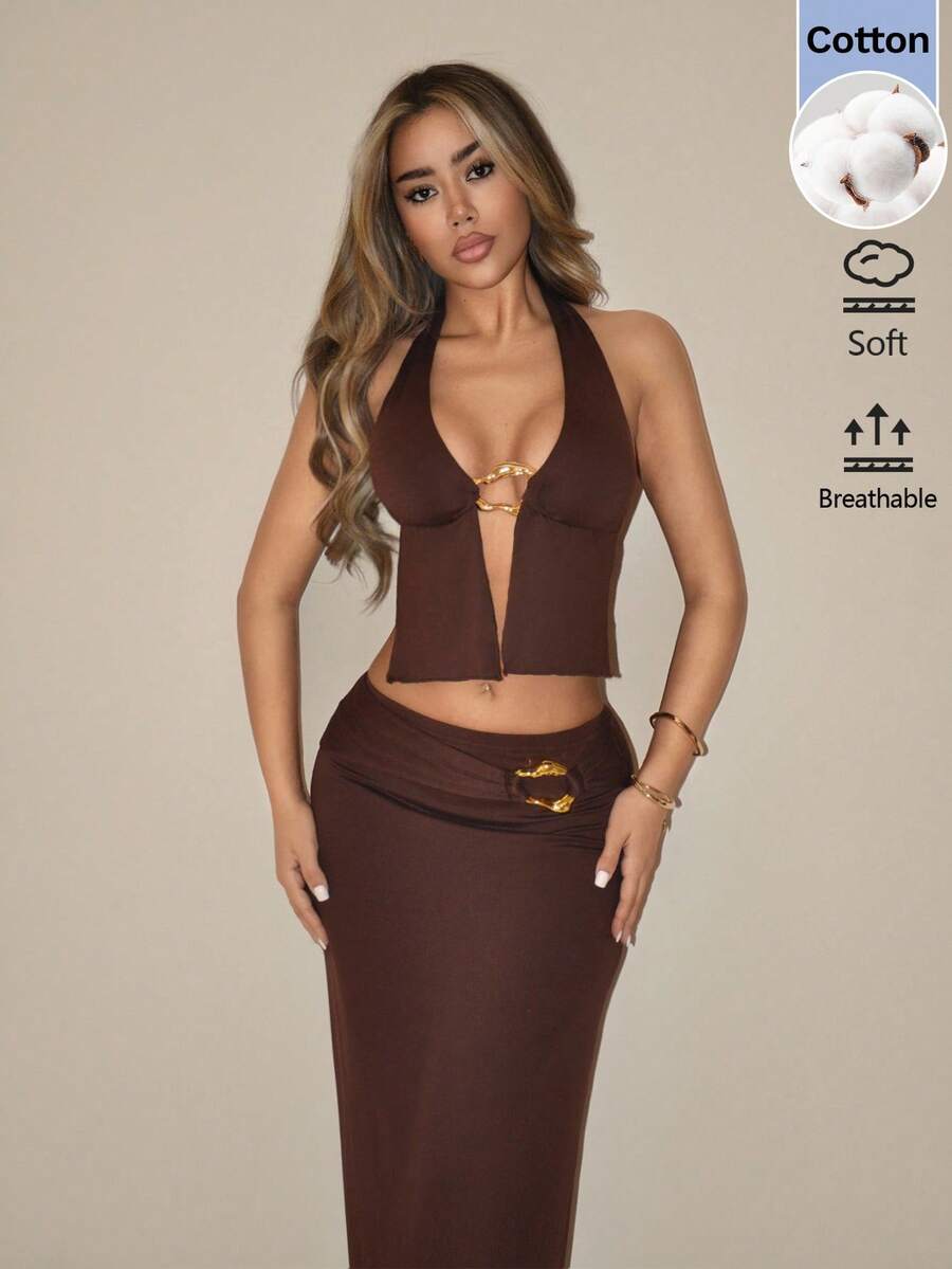 SHEIN ICON 女款兩件式套裝 優雅復古性感掛脖深V金屬扣裝飾背心 低腰扭結超長裙套裝 派對夜店夏季穿搭 - 棕色 - 查看 1