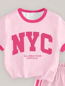 女童清新高級簡約風 NYC 紐約玫瑰粉與粉色條紋圖案基礎短版 T恤短褲套裝，休閒氛圍穿搭 - 彩色 - 查看 6