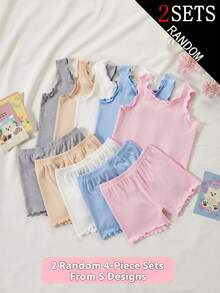 2 Sets de Top de Tirantes y Pantalones Cortos con Borde Ondulado de unicolor para Niñas, Caja Sorpresa, 5 Estilos Enviados al Azar, 2 Sets - Multicolor - Ver 3