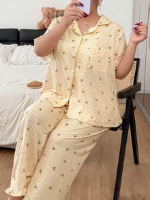 Napfluff CURVE Napfluff CURVE Plus Size Bubble Crinkle Plaid Lemon Print Button-Up Lapel Pajama Set - Yellow - View 4