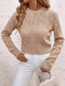 SHEIN Clasi Solid Color Hollow Knit Plus Size Cardigan - Khaki - View 9