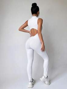 Dewbera Dewbera Women's White Sleeveless Athleisure Jumpsuit,Sexy Open-Back, Front-Zip Tight-Fitting Jumpsuit - Multicolor - View 2