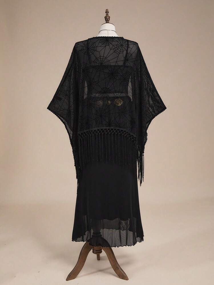ROMWE Goth كارديجان نسائي مقاس كبير بتصميم قوطي رومانسي عتيق باروكي، قماش مخملي بنقشة شبكة العنكبوت، حافة غير متماثلة مع شرابات - الأسود - مشاهدة 2