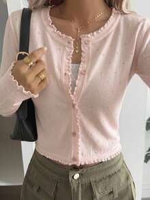 FRIFUL Women's Solid Pink Ruffle Trim Loose Casual Versatile Cardigan - Beige - View 2