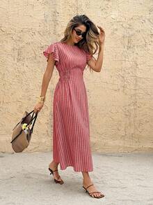 SHEIN Frenchy Women's Striped Ruffle Sleeve Casual Party Dress - Red - View 3