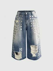 ROMWE Grunge Punk Celana Capri Denim Longgar Bergaya Street Punk Vintage Ukuran Besar untuk Wanita, Sobek, Rusak, dan Bertabur Rhinestone. - Biru - View 1