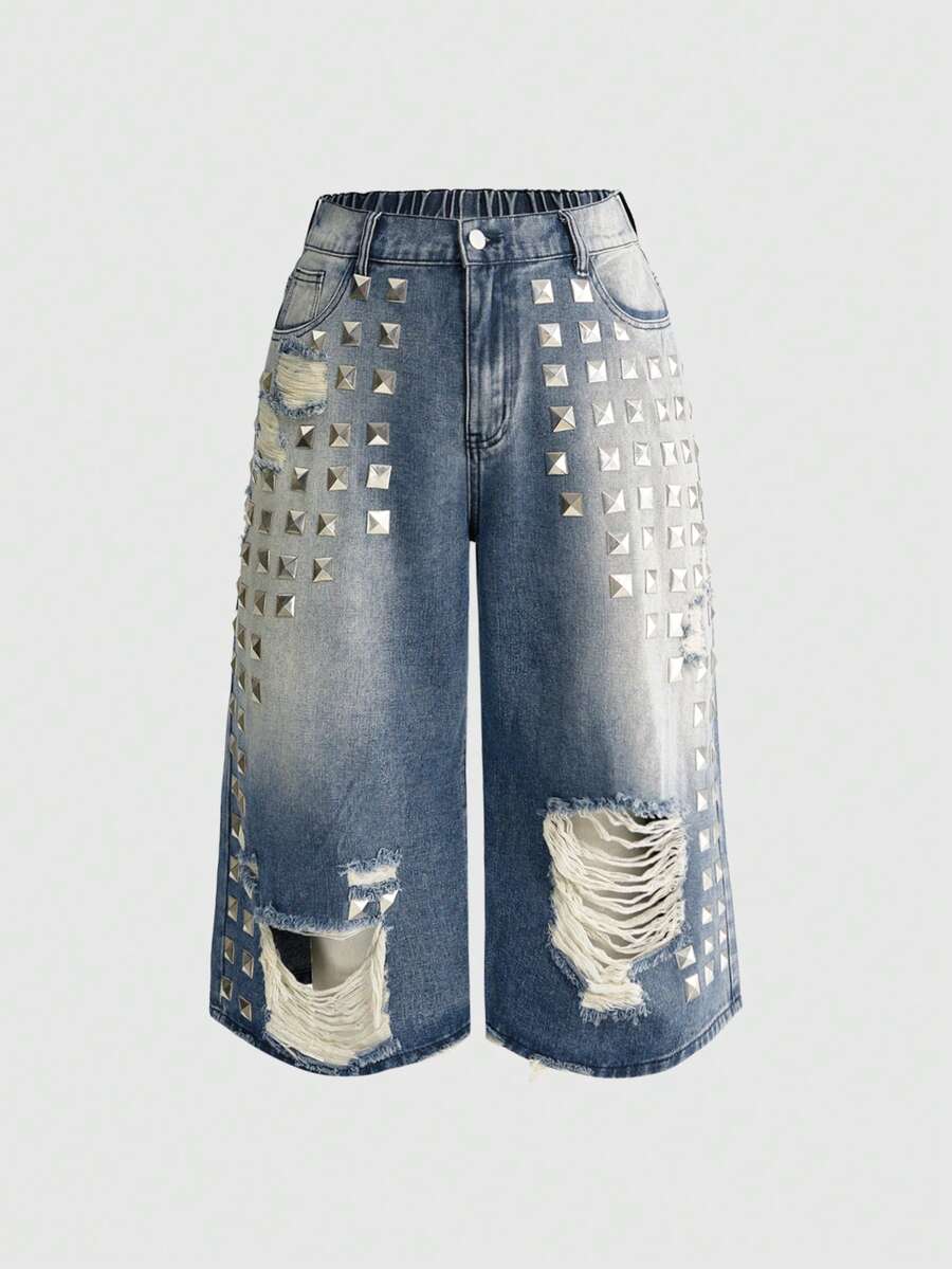 ROMWE Grunge Punk Celana Capri Denim Longgar Bergaya Street Punk Vintage Ukuran Besar untuk Wanita, Sobek, Rusak, dan Bertabur Rhinestone. - Biru - View 1