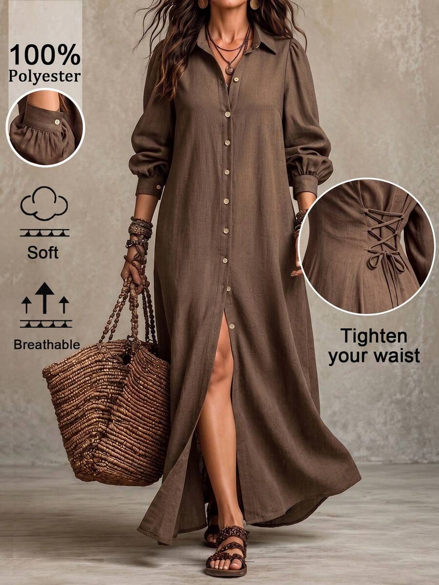 Linhara CURVE Vestido largo de talla grande para mujer, color liso, con solapa y abertura delantera, para primavera/otoño/invierno, uso casual/campestre/diario - Café integral - Ver 1