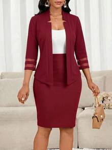 SHEIN Lady Setelan Jas Kasual Elegan Wanita Ukuran Besar Warna Polos Lengan Panjang dengan Bukaan Depan, Jaket dan Rok, untuk Kantor, Bisnis, Formal, Warna Merah, Musim Panas - Merah - View 4