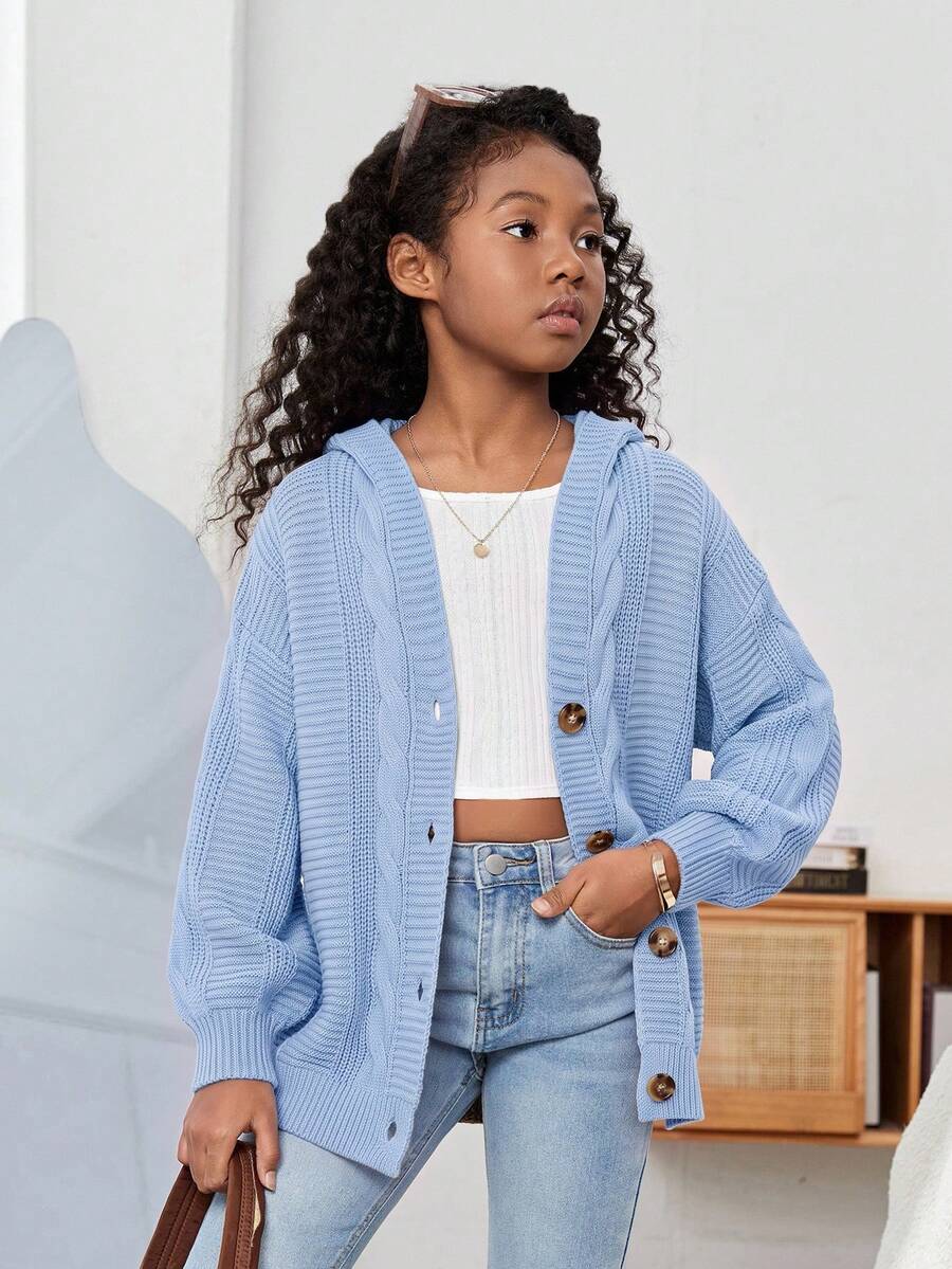 SHEIN 青少年女孩純色休閒百搭日常穿著長袖開襟衫 - 藍色 - 查看 1