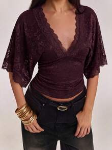 SHEIN BAE Elegantes, sexy Damen-Top mit tiefem V-Ausschnitt, Spitzen-Patchwork und floralem transparentem Design, geeignet für Lässig, Ausgehen, Boho-Stil, Spitzen-Top, beiges Top, Sommer-Top - Kastanienbraun - Übersicht 6