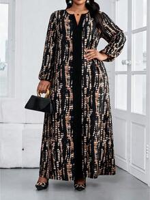 SHEIN Lady Plus Size Women's All-Over Print Notch V-Neck Lantern Sleeve Loose Fit Dress Fall - Multicolor - View 5