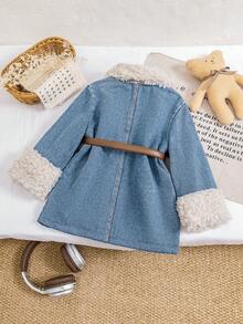 Manteau mi-long épais avec col en fourrure pour jeunes filles, nouvelle arrivée automne/hiver, veste en jean délavé et usé style coréen au-dessus du genou, convient pour le port extérieur et décontracté - Bleu azur - Voir 2