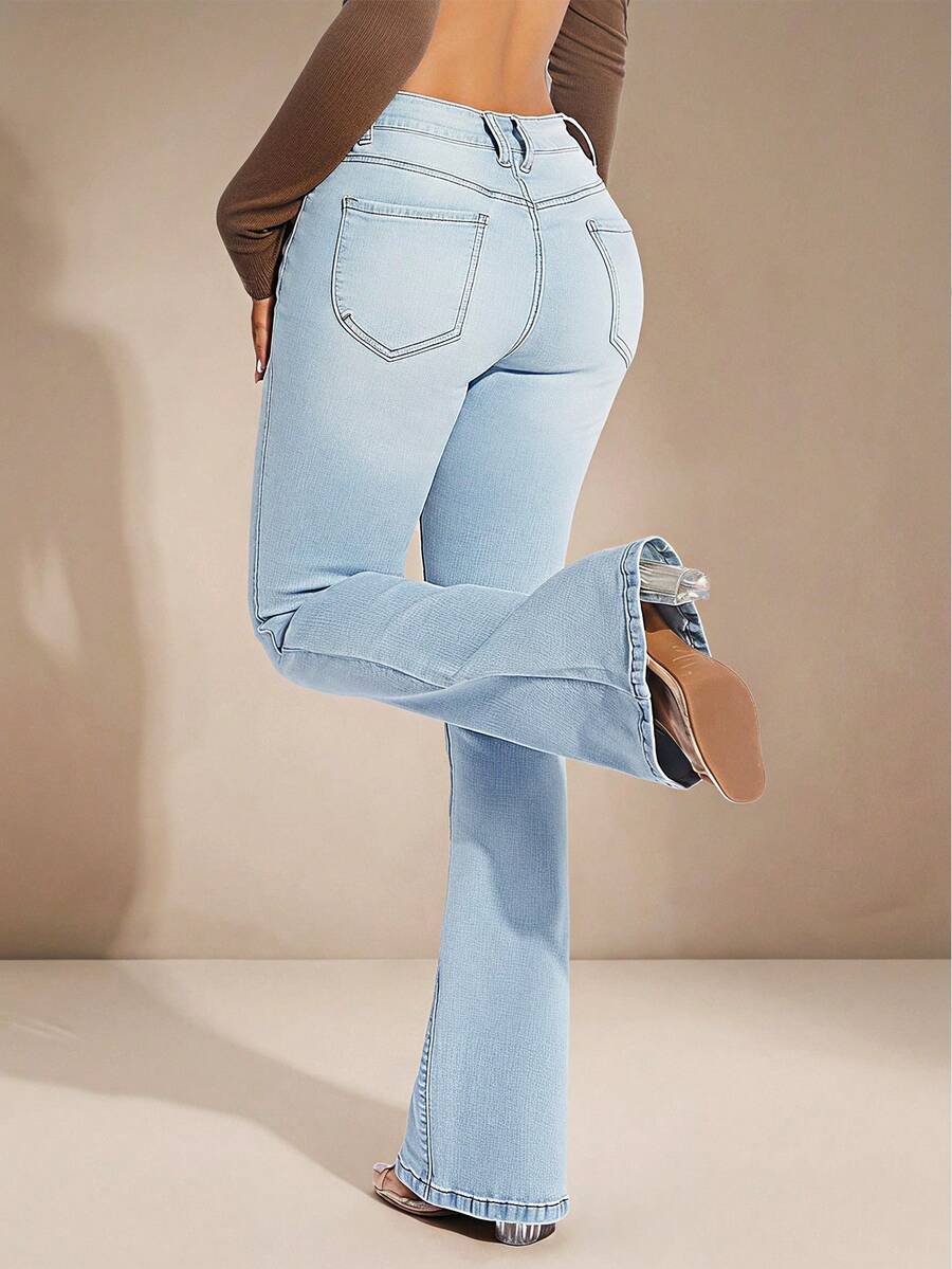 SHEIN SXY Zipper Fly Flare Leg Jeans - Light Wash - View 1