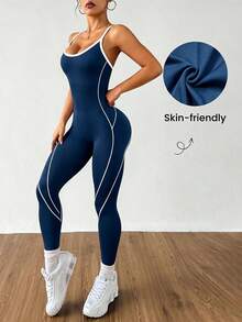 Dewbera Dewbera Seamless Backless Fitted Sports Jumpsuit - Teal Blue - View 6