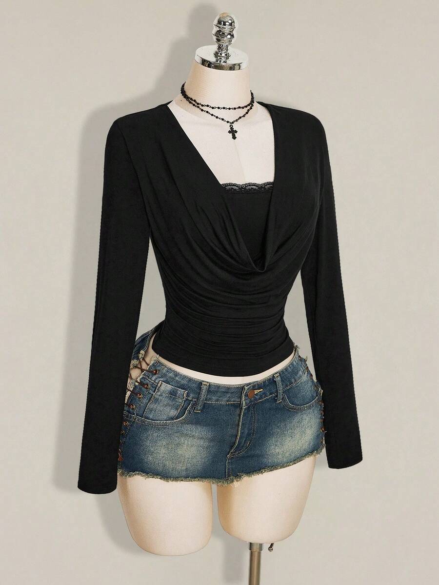 SHEIN ICON Y2k Women's Halloween Black Long Sleeve Draped Lace Patchwork Pleated Fitted Versatile Casual T-Shirt - Black - View 1