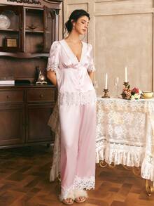 Côtesoire French Elegant Hollow Embroidery Lace Trim Patchwork Pearl Button Satin Women's Pajama Set - Pink - View 5