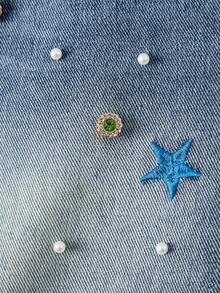 ROMWE Grunge Punk Y2K Street Style Hot Girl Cross & Number Badge Embroidered Rhinestone Women's Loose Straight Leg Mid-Length Denim Shorts Plus Size - Blue - View 4