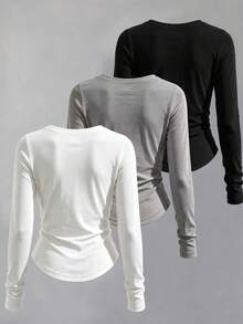Women's Contrast Color Bow Embroidered Round Neck Long Sleeve T-Shirt - Multicolor - View 2