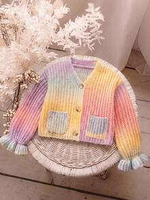 SHEIN 少女針織漸層V領泡泡袖寬鬆休閒開襟衫 - 粉色 - 查看 1