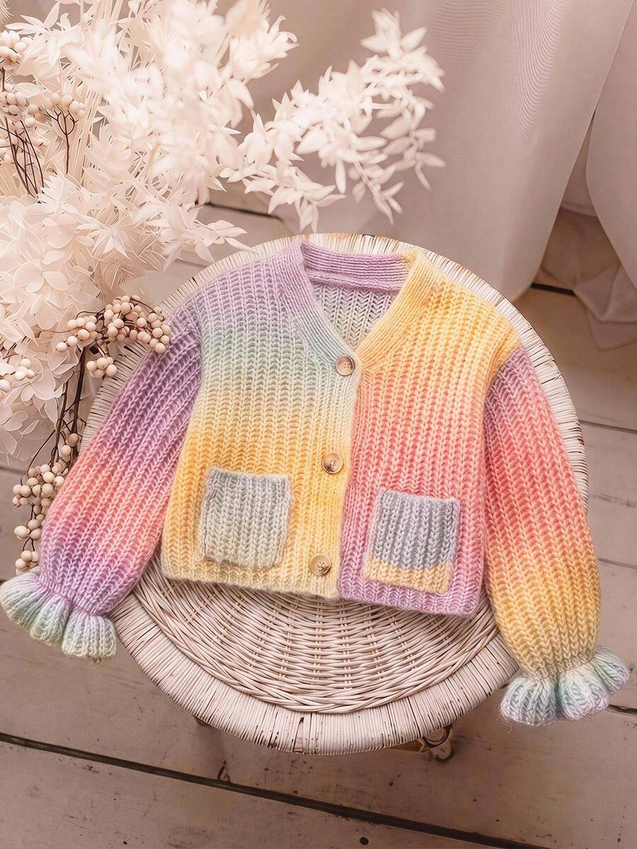 SHEIN 少女針織漸層V領泡泡袖寬鬆休閒開襟衫 - 粉色 - 查看 1